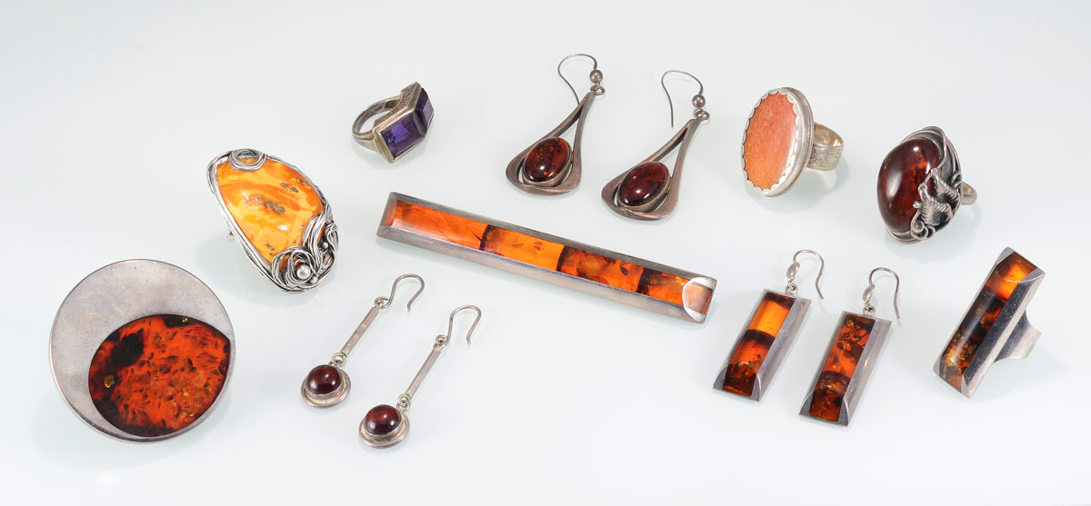 Appraisal: COLLECTION OF STERLING AMBER JEWELRY To include piece modern design