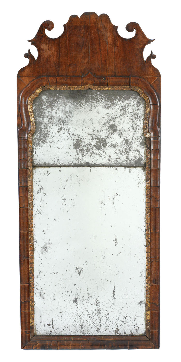 Appraisal: QUEEN ANNE WALNUT VENEER AND GILTWOOD TWO-PART MIRROR CIRCA With