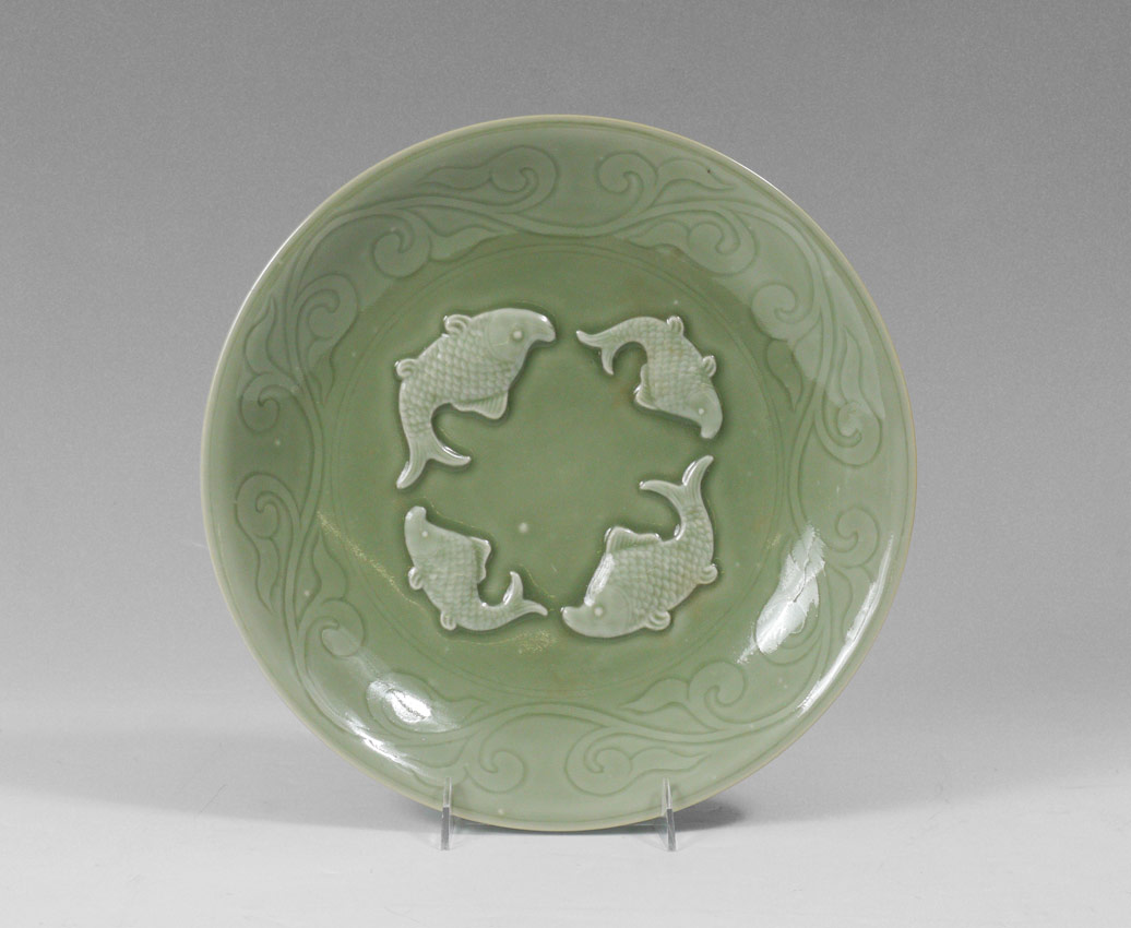 Appraisal: CHINESE CELADON KOI FISH CHARGER Center with raised fish carp