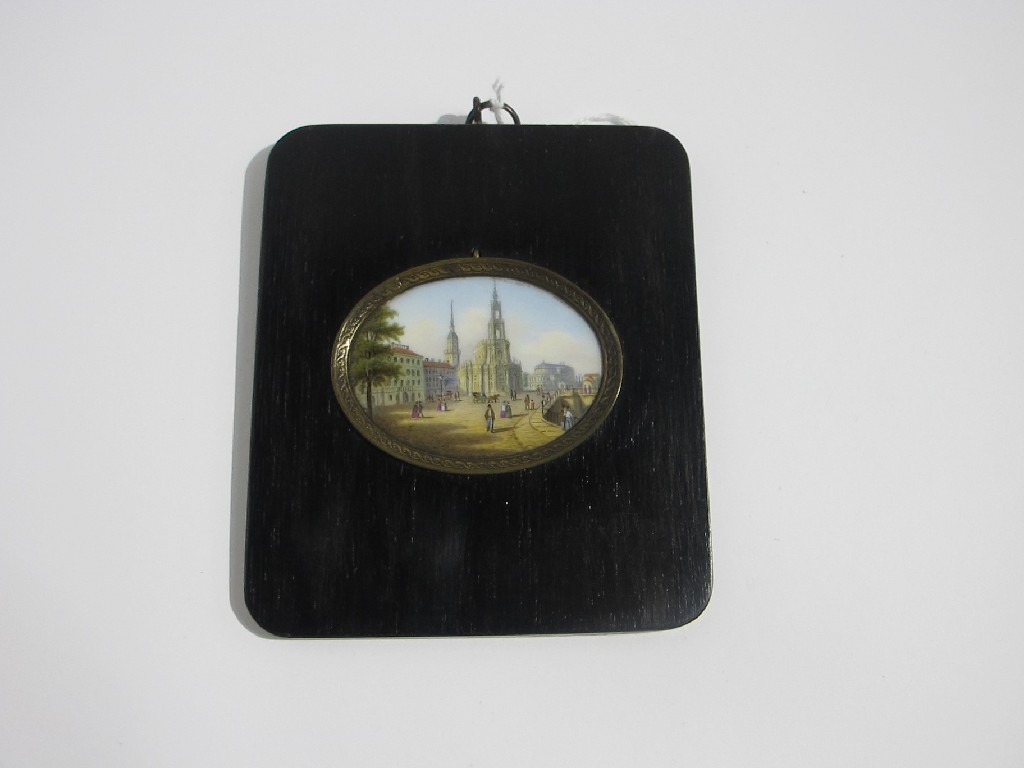 Appraisal: A framed miniature painting on porcelain - a continental street