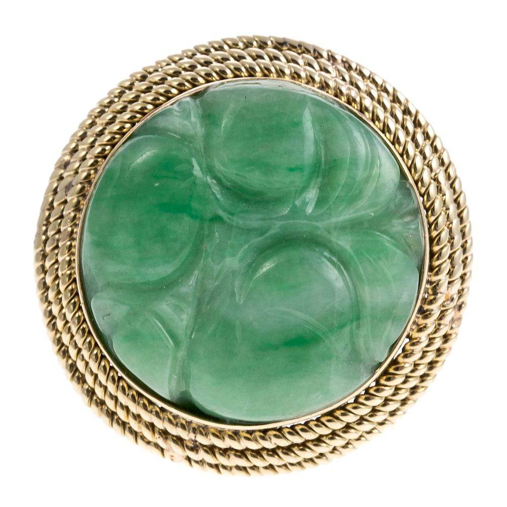 Appraisal: A Ladies Carved Green Jade Ring in K K yellow