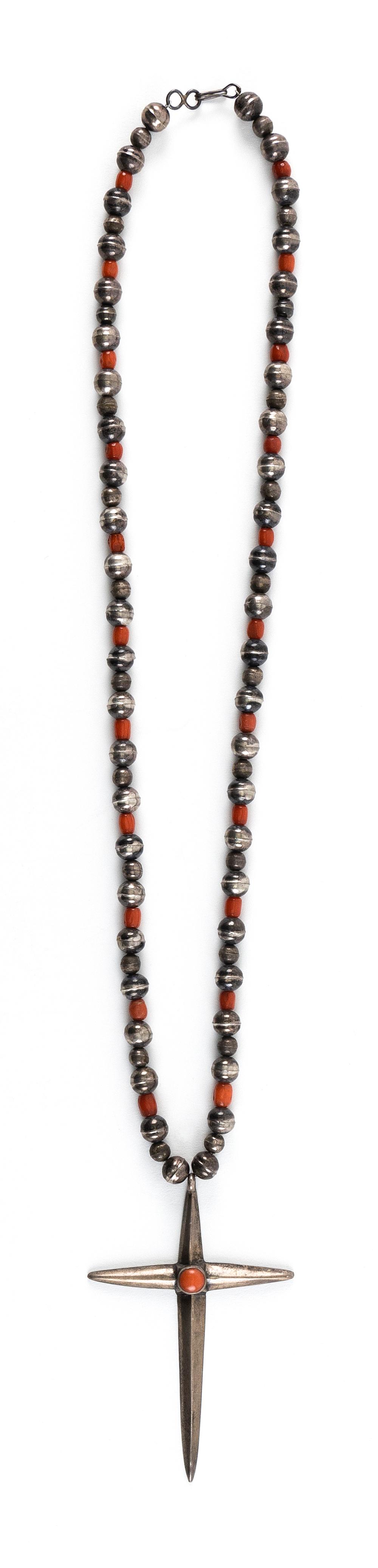 Appraisal: NAVAJO STERLING SILVER AND RED CORAL NECKLACE WITH CROSS MID-