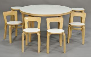 Appraisal: Seven piece Alvar Aalto lot including white laminate top table