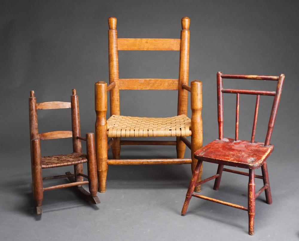 Appraisal: TWO EARLY AMERICAN STYLE YOUTH DOLL CHAIRS AND A ROCKER