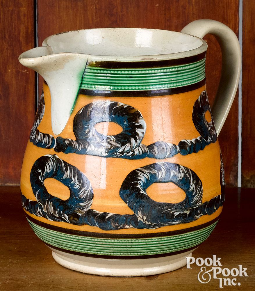 Appraisal: Mocha pitcher with earthworm decoration Mocha pitcher with earthworm decoration