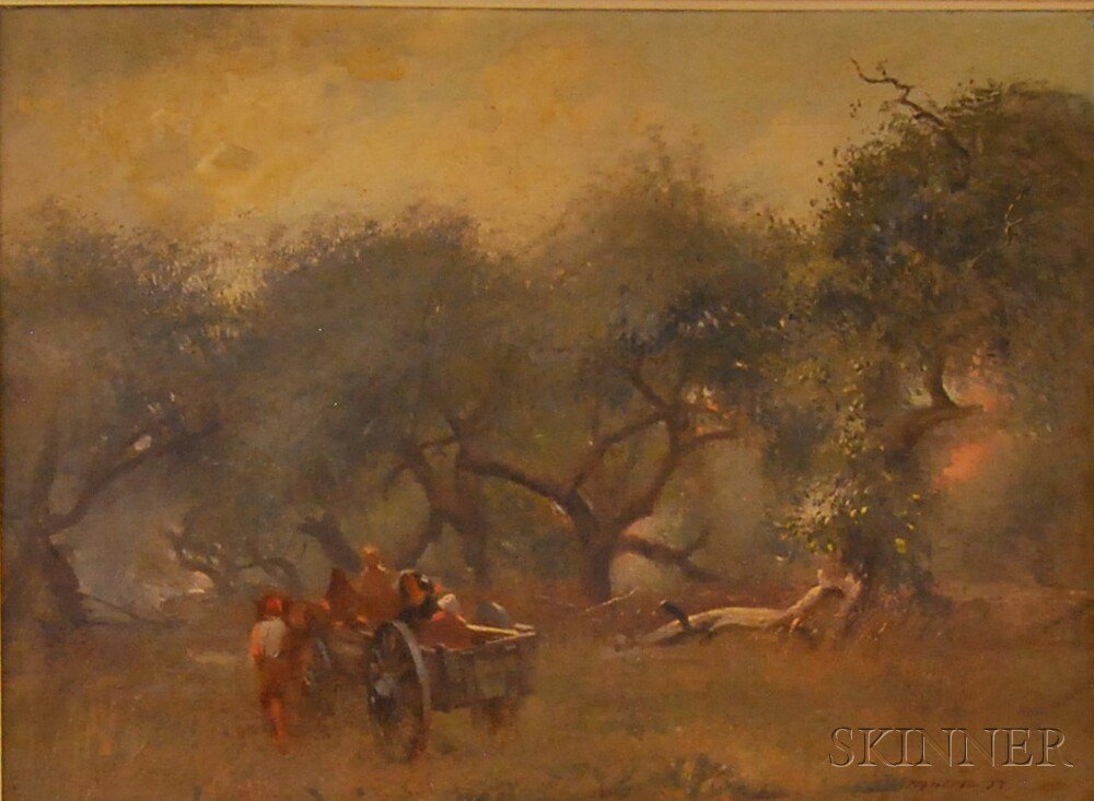 Appraisal: American School th Century Peasant Cart in a Grove of