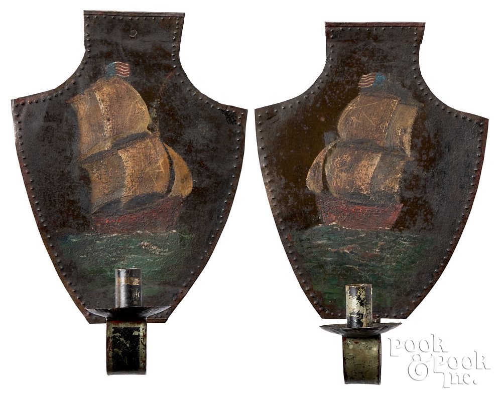 Appraisal: Pair of painted tin sconces th c Pair of painted