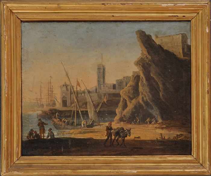 Appraisal: EUROPEAN SCHOOL PORT SCENE Oil on canvas relined x in