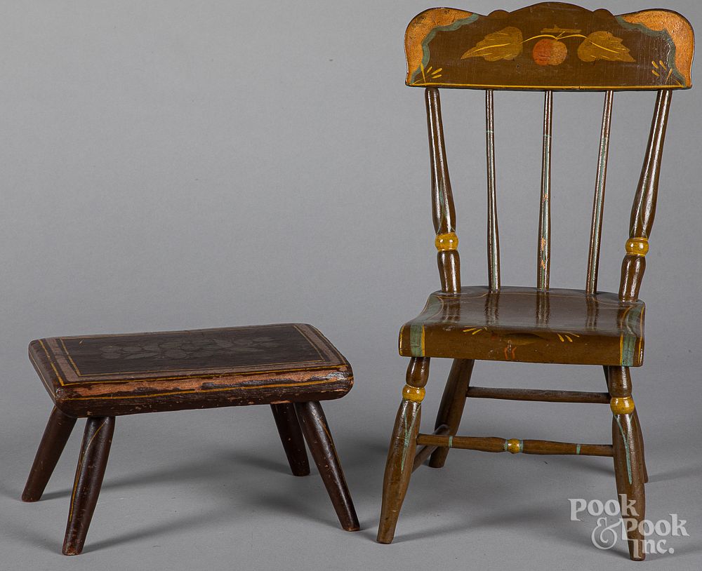 Appraisal: Pennsylvania painted child's chair and footstool Pennsylvania painted child's chair