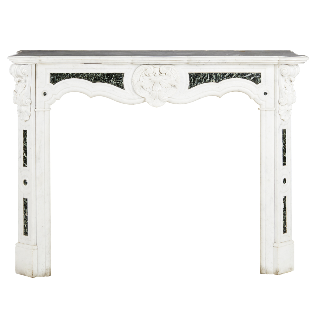 Appraisal: GEORGIAN STYLE CARVED WHITE STATUARY MARBLE AND VERDE ANTICO CHIMNEYPIECE