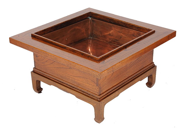 Appraisal: A JAPANESE ELM HIBACHI SQUARE TABLE with copper liner and