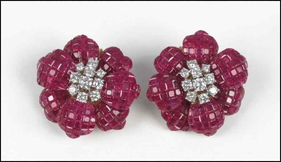 Appraisal: PAIR OF RUBY DIAMOND AND KARAT YELLOW GOLD EARCLIPS Clip