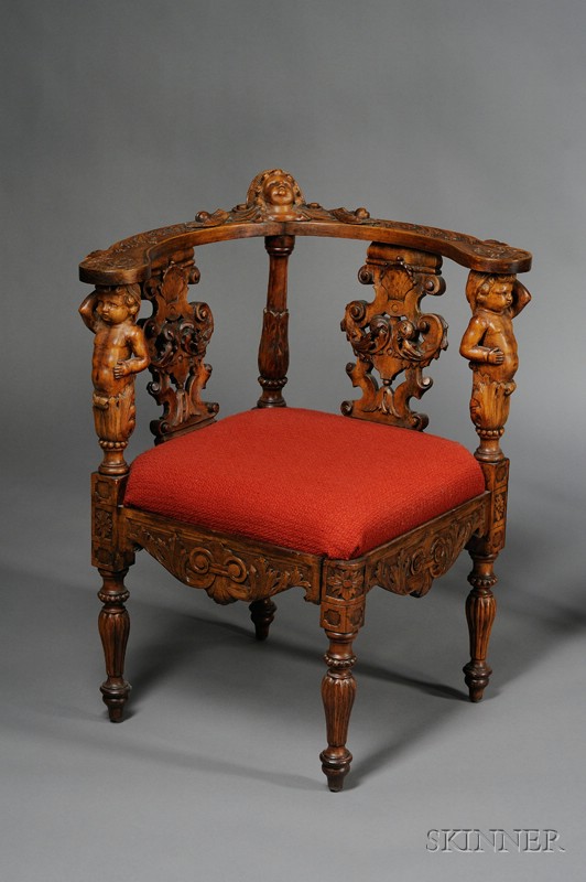 Appraisal: Victorian Italian Renaissance Style Upholstered Carved Walnut Roundabout Chair with