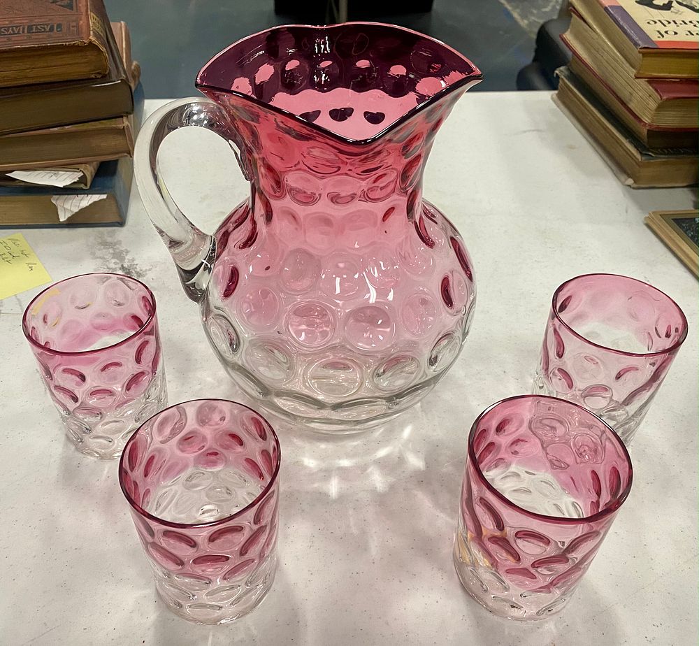 Appraisal: Cranberry Coin Dot Water Pitcher Tumblers Cranberry Coin Dot Water