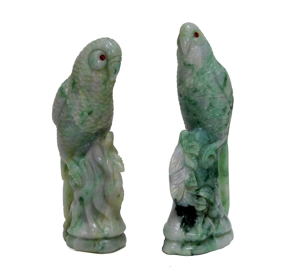 Appraisal: PR Chinese Carved Jadeite Bird Parrot Figures China Circa Each