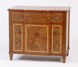 Appraisal: Marquetry inlaid burl wood chest of drawers Marquetry inlaid burl