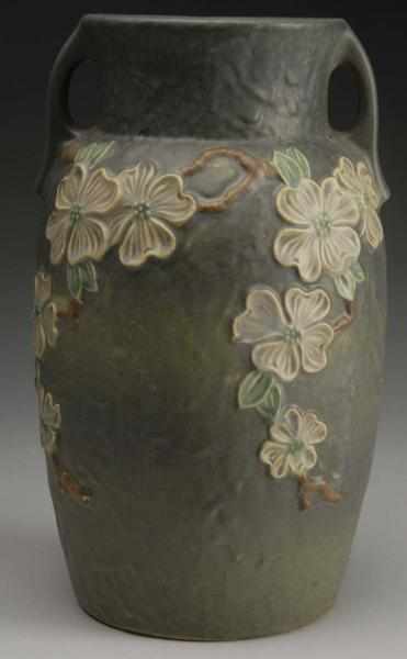 Appraisal: Roseville Dogwood I Bulbous Vase Description Rich green textured background