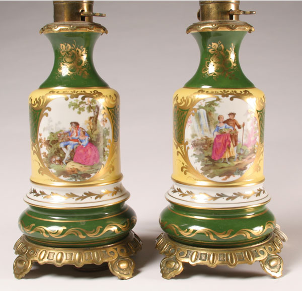 Appraisal: Pair French hand painted and transfer porcelain lamps Base H