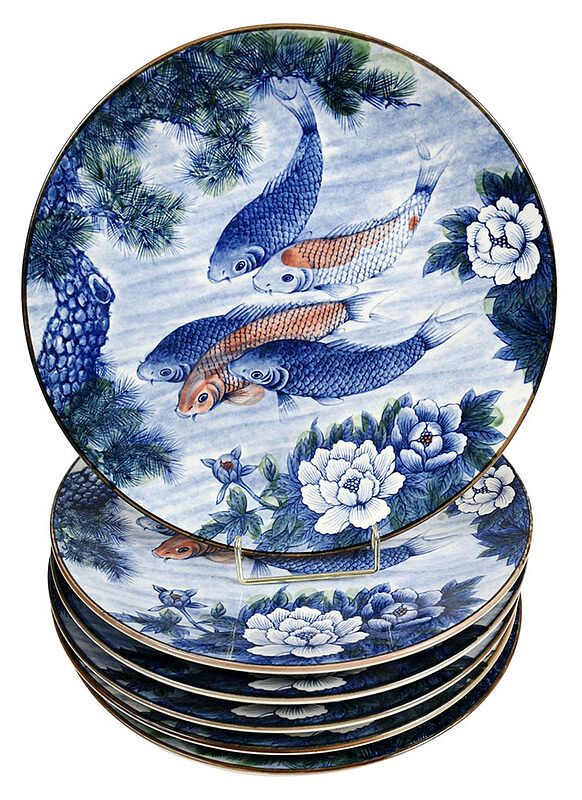 Appraisal: Six Sun Ceramics Koi Fish Chargers Japanese six contemporary chargers