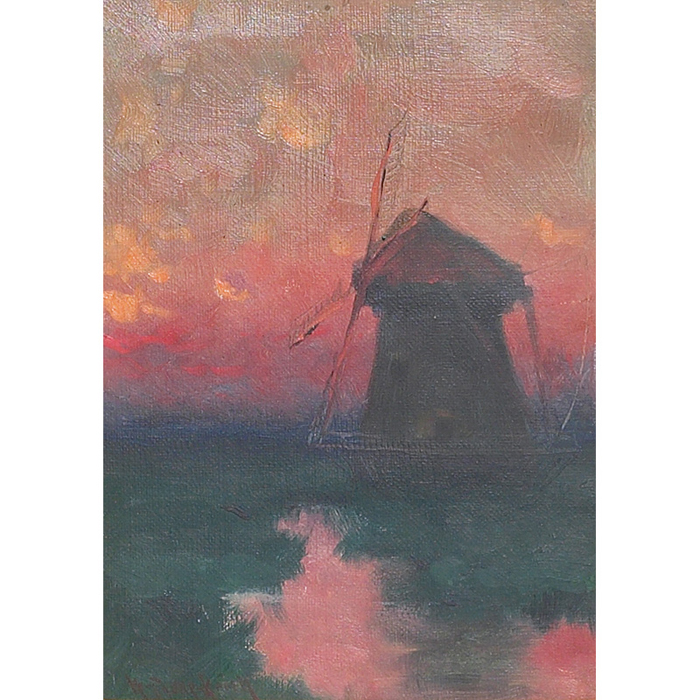 Appraisal: William Keith Coastal Scene with Windmill oil canvas signed matted