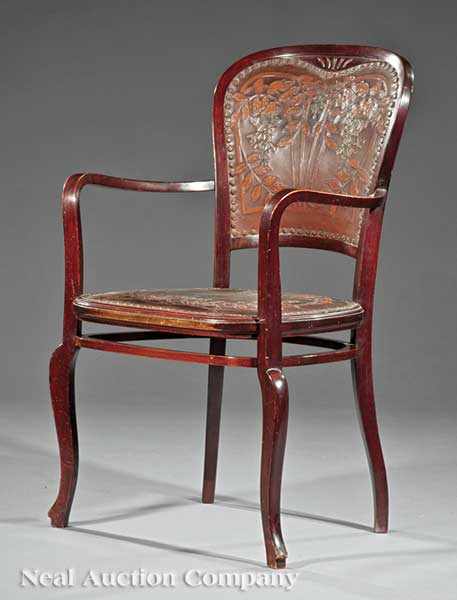 Appraisal: An Austrian Art Nouveau Bentwood and Tooled Leather Armchair c