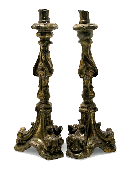 Appraisal: Pair of Italian Rococo Gilt-Wood Candlesticks Estimate -