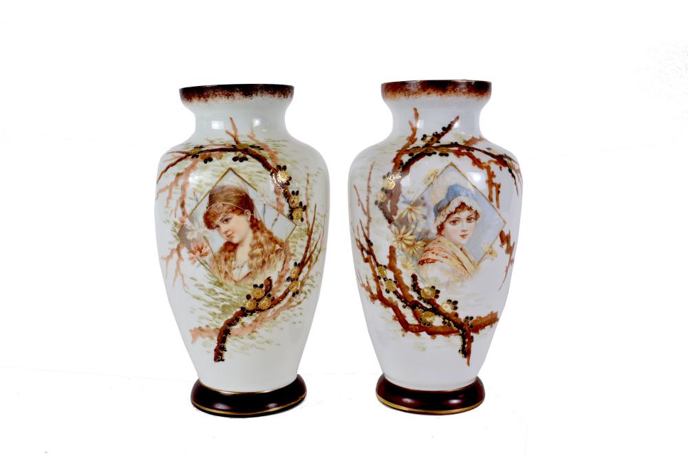 Appraisal: PAIR OF PAINTED BRISTOL GLASS PORTRAIT VASESCirca Each with a