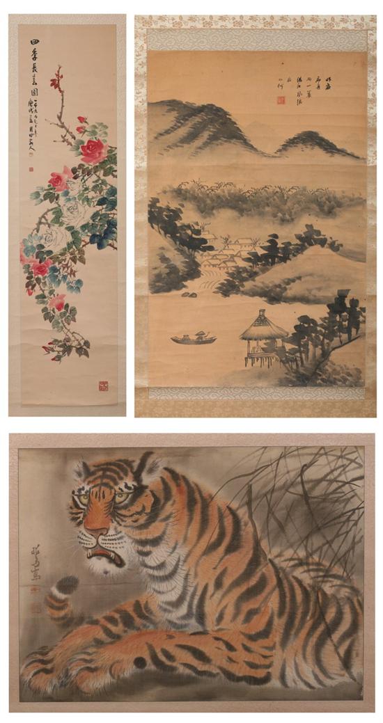 Appraisal: KOREAN SCHOOL Late th early th century TIGER FLOWERS MOUNTAINOUS