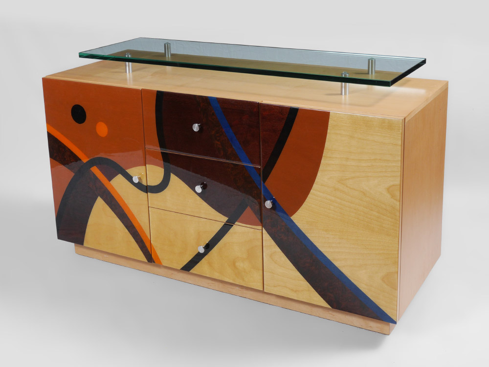 Appraisal: MODERN MARQUETRY INLAID SIDEBOARD Open glass shelf over base marquetry