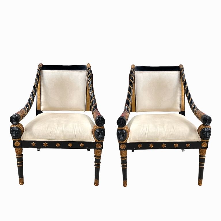 Appraisal: Pair of th Century Black Gold Dining Chairs Pair of