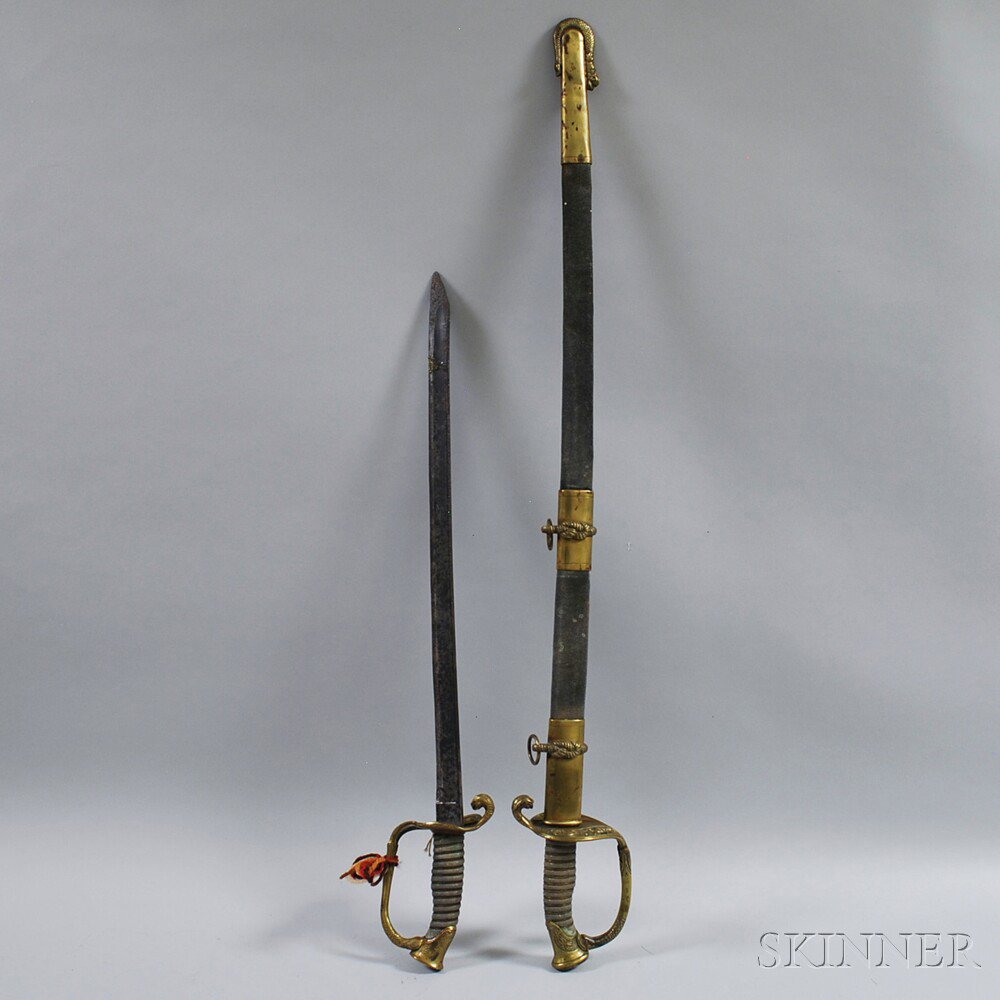 Appraisal: Two Circa Naval Officer's Swords with etched blades brass dolphin-decorated