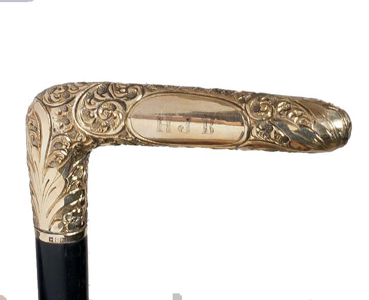 Appraisal: Gold Presentation Cane Ca - An L-shaped gold-filled handle with