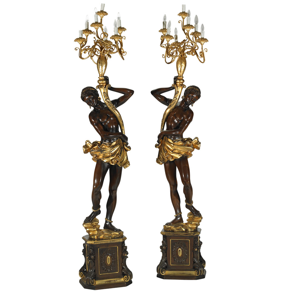 Appraisal: Pair Venetian Carved Parcel Gilt and painted Blackamoor Figural Candelabra