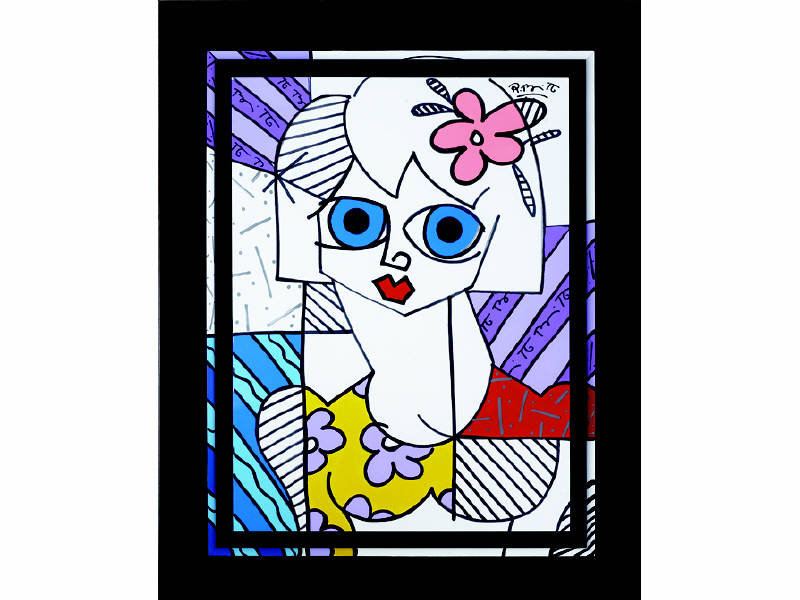 Appraisal: ROMERO BRITTO BRAZILIAN B Bust-length portrait blue-eyed girl mixed media