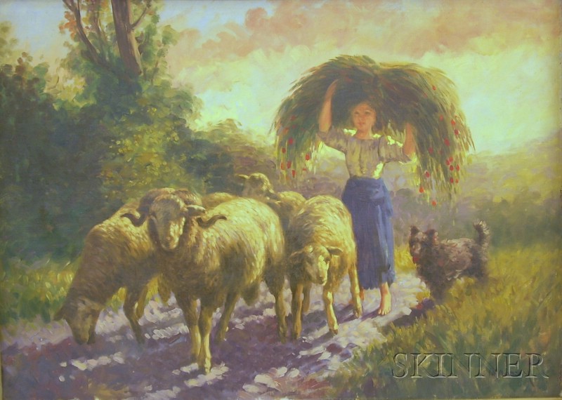 Appraisal: Continental School th Century Portrait of a Shepherdess and Sheep