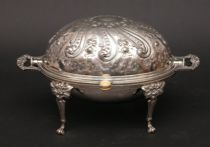 Appraisal: Silver Repousse Vegetable Dish Silver plate repousse vegetable warming dish