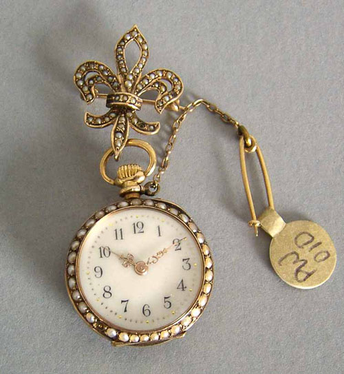 Appraisal: French ladies K gold pendant watch with pave seed pearl