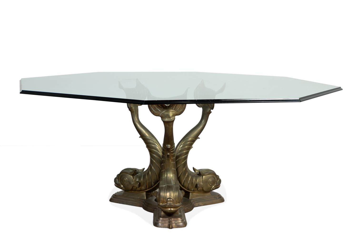 Appraisal: HOLLYWOOD REGENCY BRASS DOLPHIN DINING TABLE Hollywood Regency brass dolphin