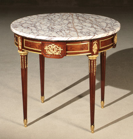 Appraisal: Louis XVI Style Ormolu Mounted Mahogany and Mottled White Marble-Top