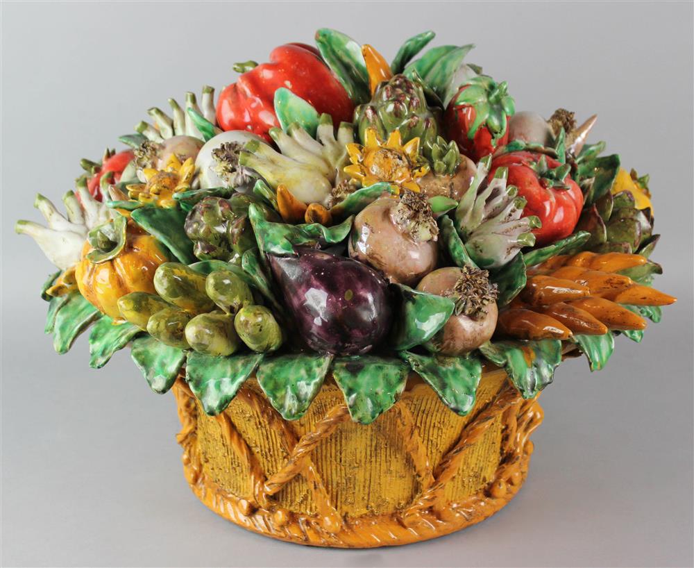 Appraisal: TERRACOTTA GLAZED TROMPE L'OEIL VEGETABLE BASKET with naturalistic colorful vegetables