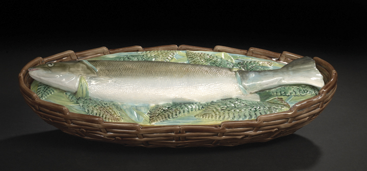 Appraisal: Fine English Basket-Woven Majolica Elliptical Fish Server dated by British