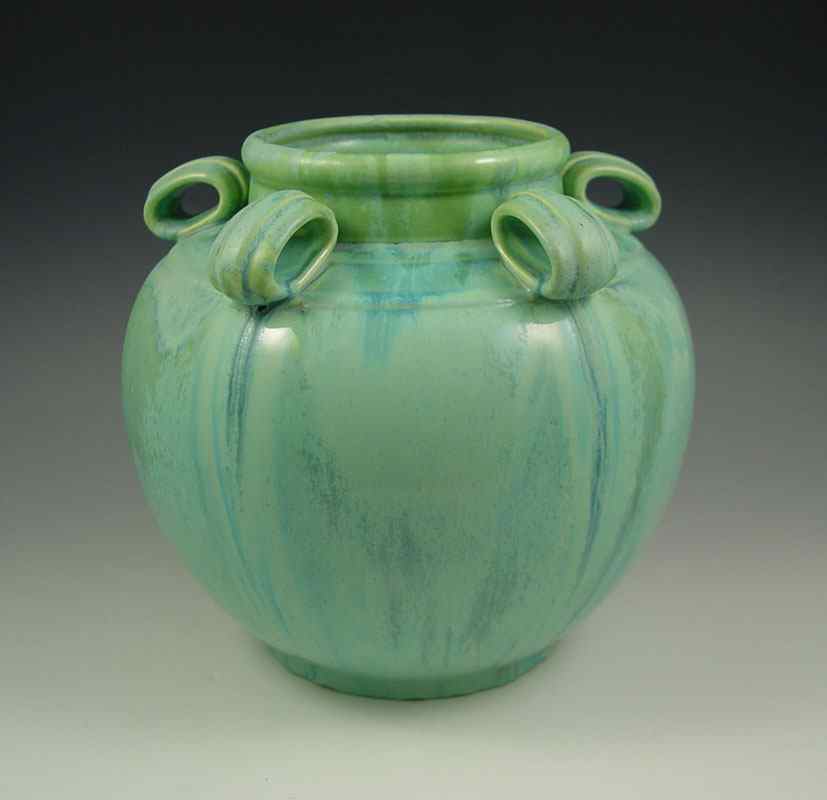 Appraisal: FULPER RING HANDLE GREEN CRYSTALLINE VASE ring handles on green