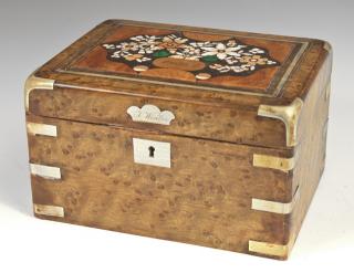 Appraisal: Brass Bound Inlaid Walnut Pietra Dura Cigar Box Brass Bound