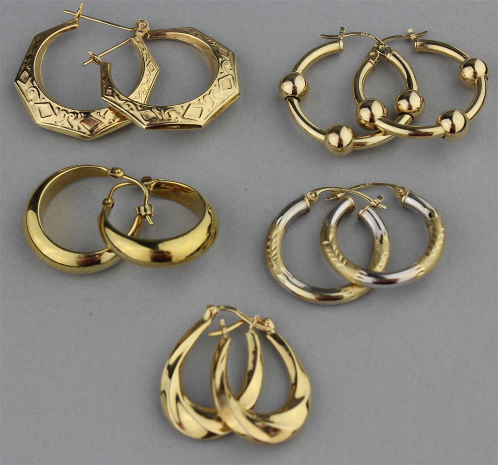 Appraisal: FIVE PAIRS OF K YELLOW GOLD HOOP EARRINGS five pairs