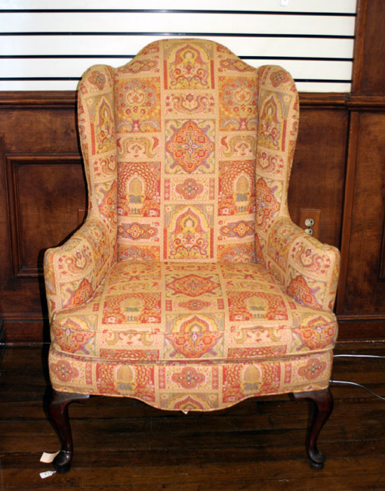 Appraisal: Queen Anne Style Mahogany Finish Machine-Tapestry Upholstered Wing-Armchair th Century