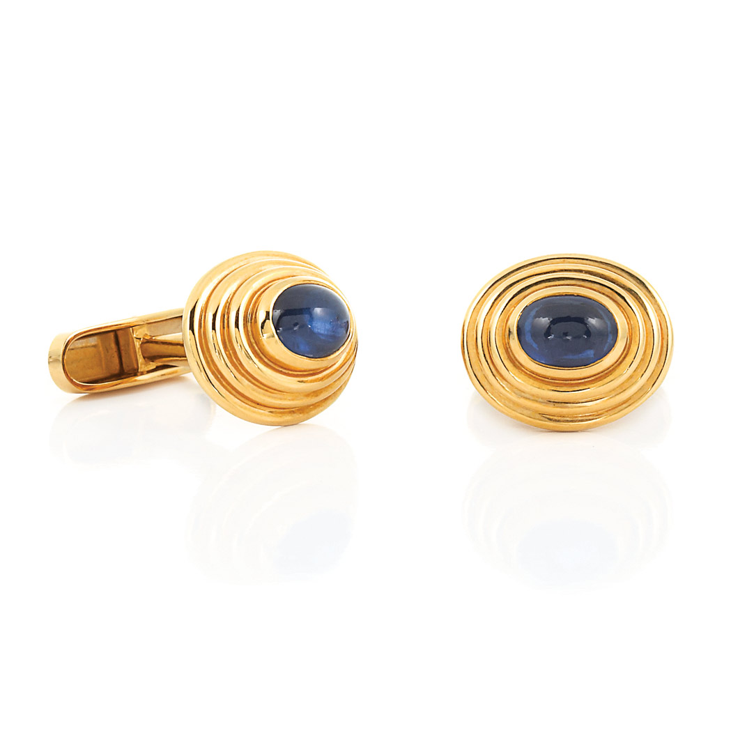 Appraisal: Pair of Gold and Cabochon Sapphire Cufflinks kt oval cabochon