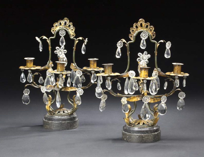 Appraisal: Pair of French Parcel-Gilt Wrought-Iron Three-Light Candelabra first quarter th