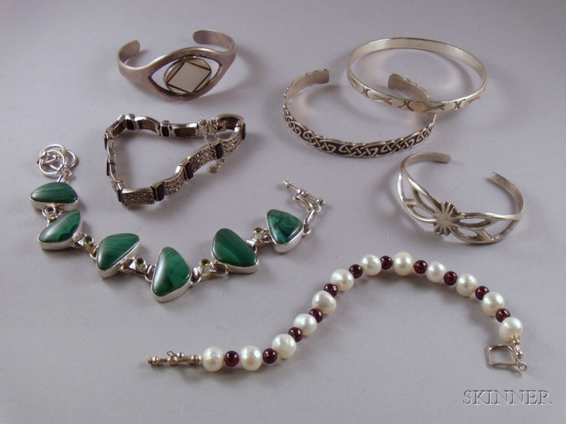 Appraisal: Seven Silver Bracelets including a malachite-inset example and pearl and