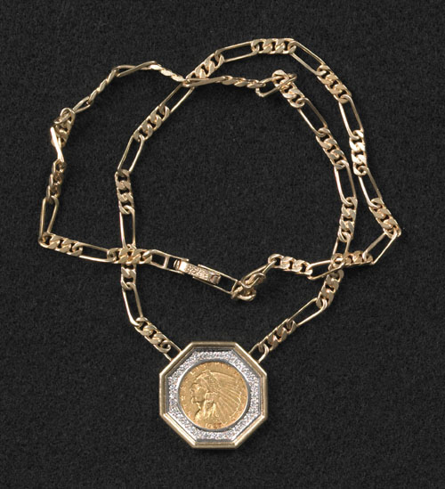 Appraisal: K yellow gold coin and diamond necklace the chain supporting