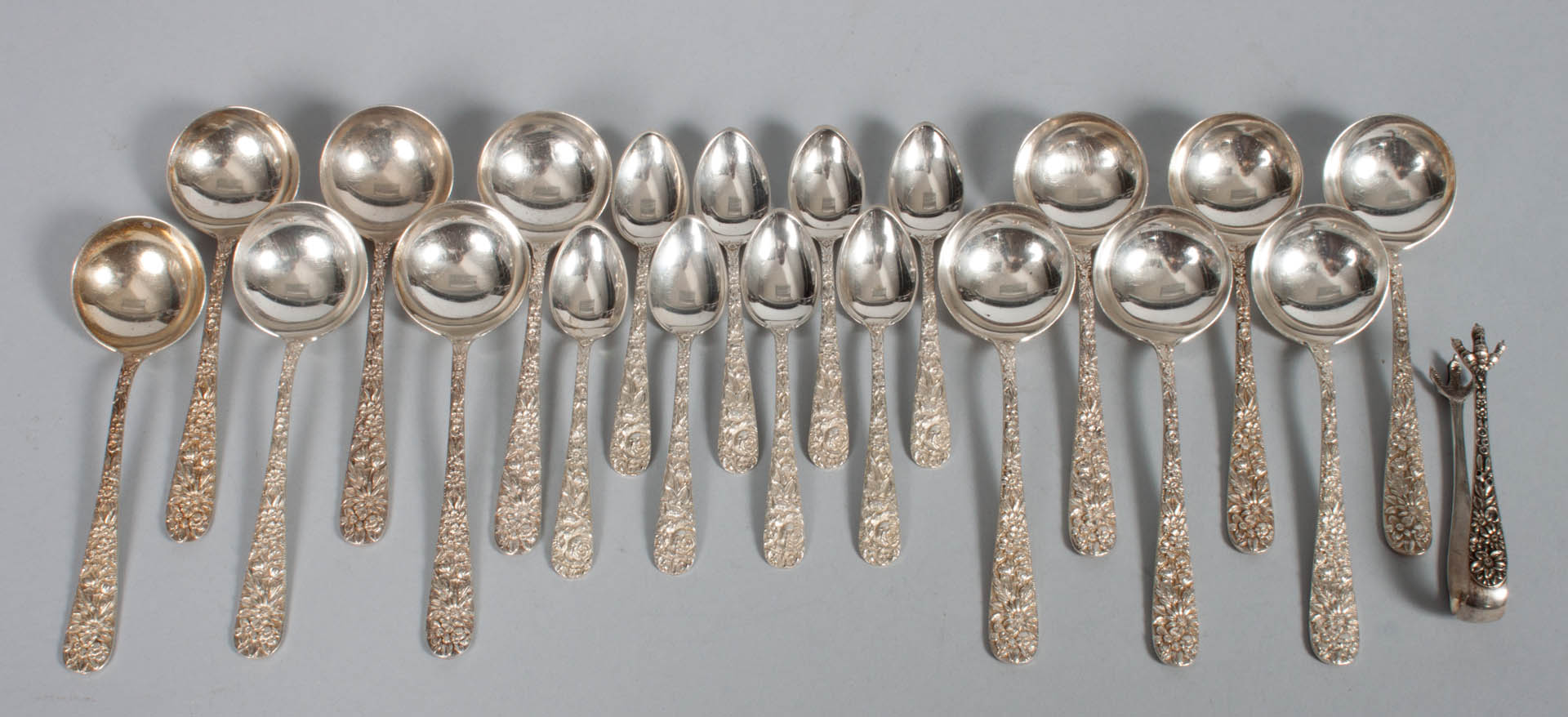 Appraisal: Kirk Repousse sterling silver partial flatware comprising pieces including bouillon